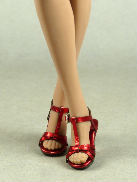 Nouveau Toys 1/6 Shoes Series - 1/6 Scale Female Red Metallic Strap High Heel Shoes